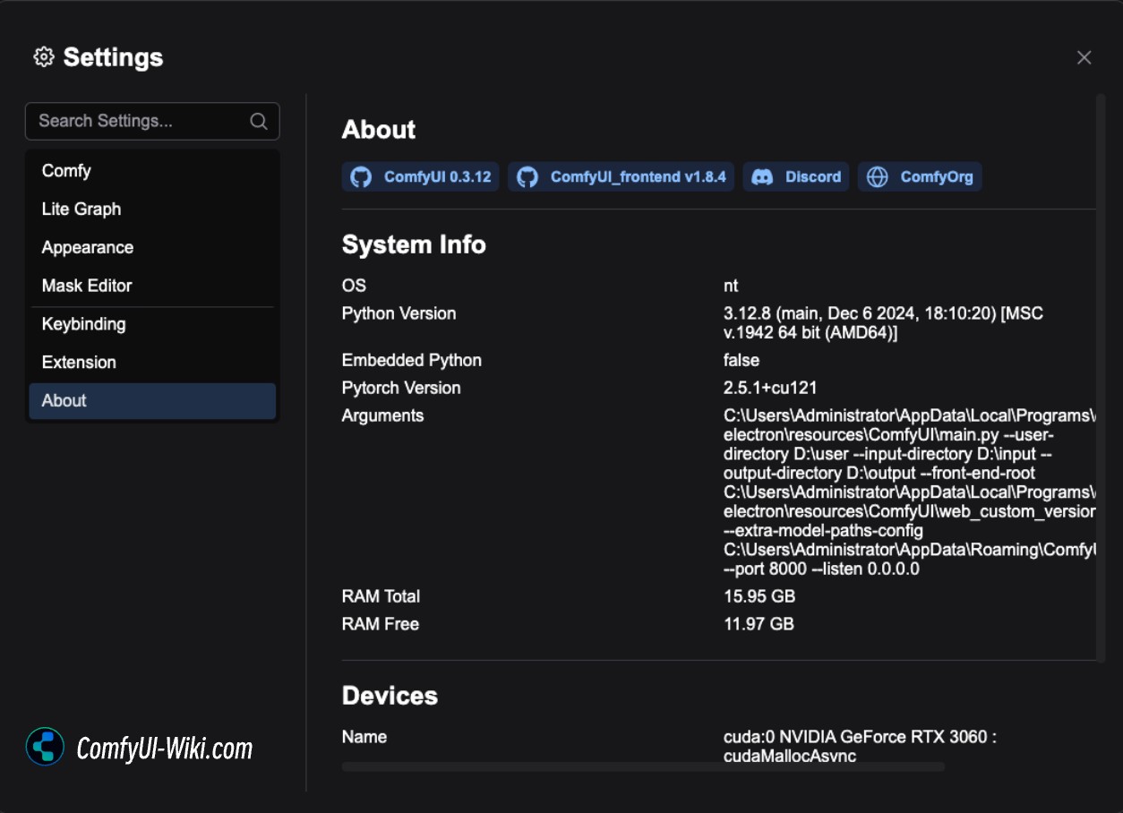 Menú de Configuración de ComfyUI - Menú Acerca de