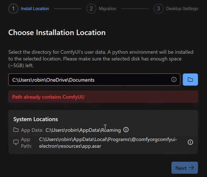 Selección de ubicación de instalación de ComfyUI Desktop en Windows