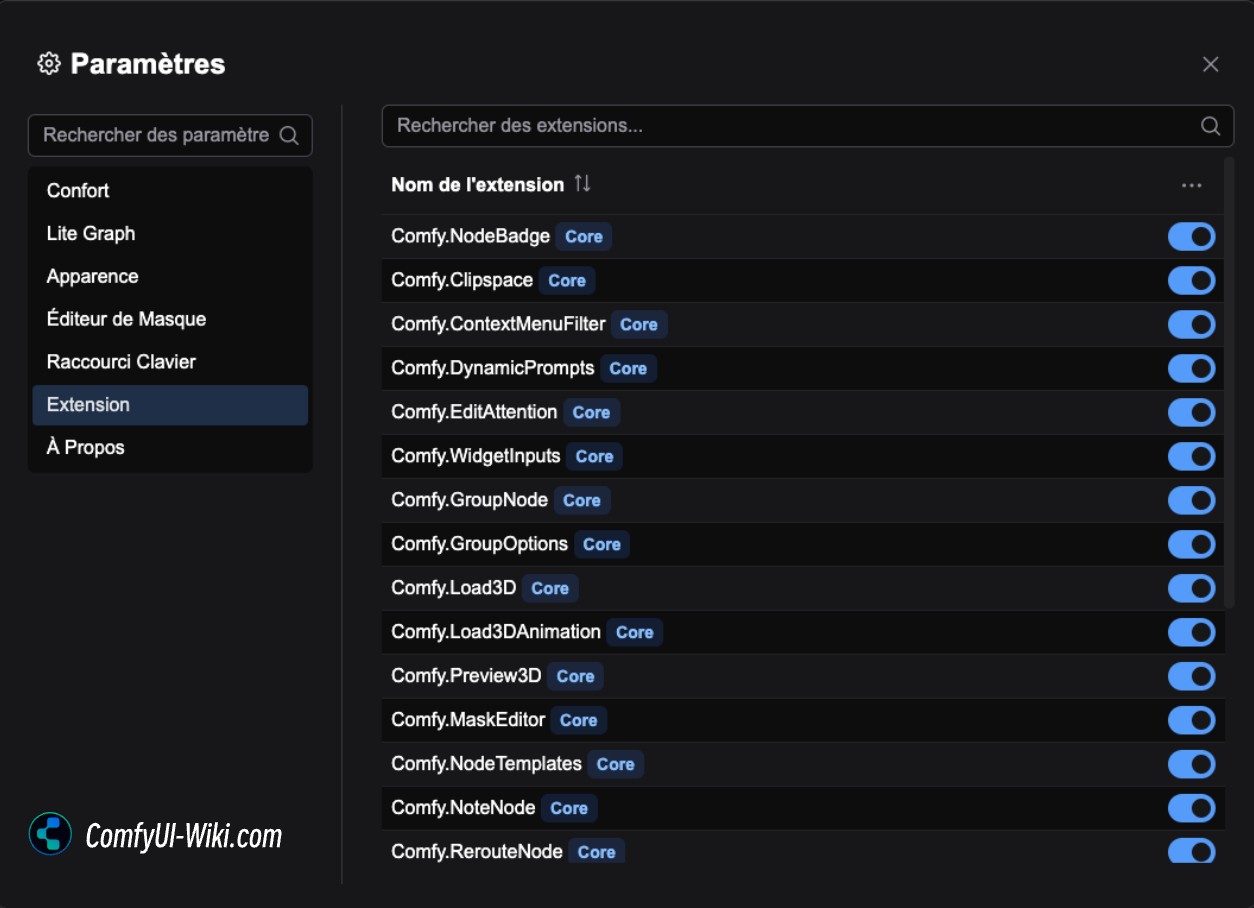 Menu des paramètres ComfyUI - Menu des extensions