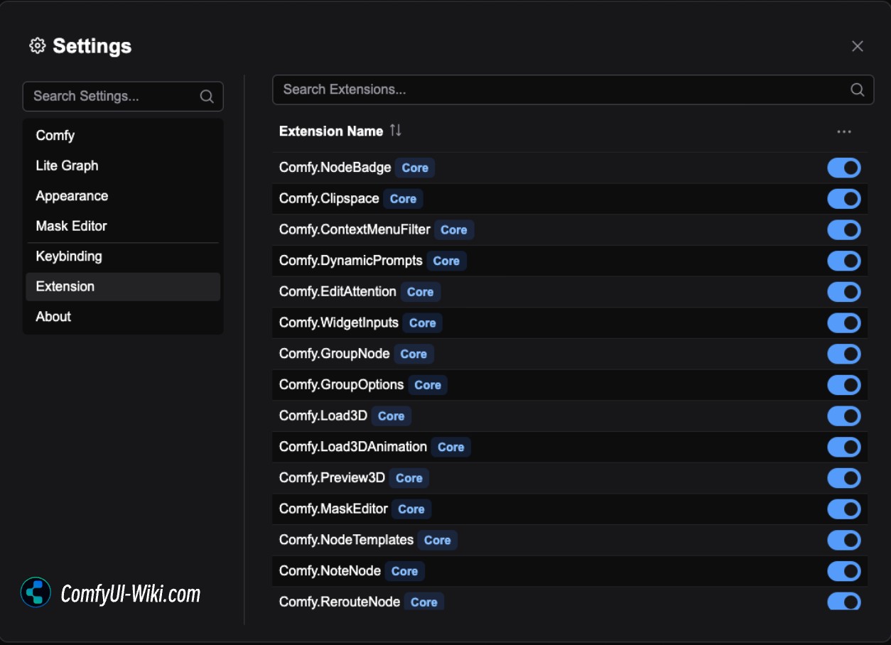 ComfyUI Settings Menu - Extension Menu